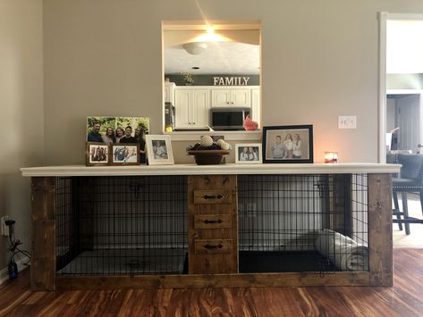 Crate Area For Dogs, Dog Crate Under Desk, Dog Room Design, Crate Side Table, Kennel Furniture, Double Dog Crate, Dog Crate Table, Puppy Pens, Rental Friendly