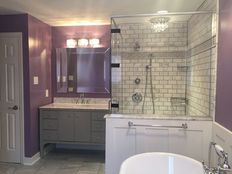 Purple and gray marble bathroom Purple Farmhouse Bathroom, Purple And Gray Bathroom Ideas, Lavender And Grey Bathroom Ideas, Dusty Purple Bathroom, Purple And Grey Bathroom Ideas, Purple And Grey Bathroom, Purple And Gray Bathroom, Plum Bathroom Ideas, Black Grey Bathroom