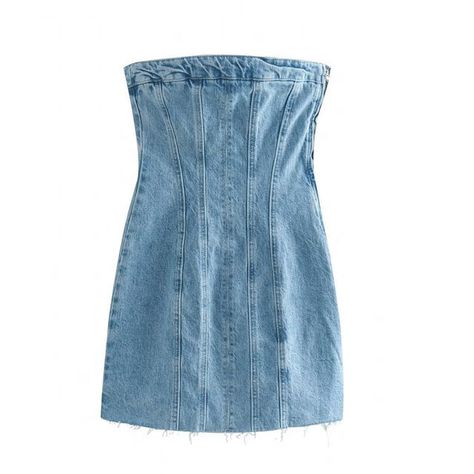 Dewewan - Strapless Washed Distressed Denim Mini Sheath Dress Blue Dresses For Women, Y2k Street Style, Strapless Denim Dress, Dirndl Outfit, Jeans Street Style, Bandeau Tops, Backless Bodycon Dresses, Marine Uniform, Rock Outfit