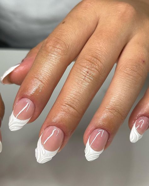 White Texture Nails, White Textured Nails, Textured French Tip Nails, White French With Design, 3d French Tip Nails, Textured Nail Designs, White French Tips With Design, 3d French Nails, Classic French Tip Nails