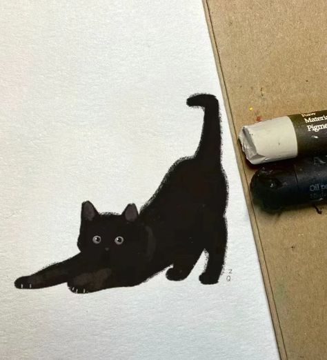 Oil Pastel Black And White, Oil Pastel Drawings Aesthetic, Cat Oil Pastel, Pastel Oil Drawing, Chalk Pastel Drawings, Paw Painting, Cat Yawning, Black Cat Painting, Oil Pastel Drawings Easy