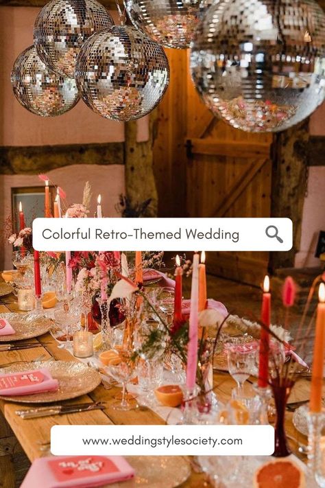 If there is one wedding theme that we would say “yes” to, any day of the week, it’s a retro or ‘70s theme. Famous for bell-bottoms and the rise of disco, this decade was for the fun-loving and wild-at-heart. If you’ve been considering a colorful retro-themed wedding, then let us help convince you. Get inspired by some of our favorite groovy details fitting for a retro-theme wedding, including color palettes and vintage decor. 70s Inspired Party Decor, Retro Orange Wedding, Funky Vintage Wedding, 70s Wedding Decorations, Boho Disco Wedding Decor, Disco Themed Dinner Party, Groovy Wedding Aesthetic, Citrus Disco Wedding, Retro Colorful Wedding