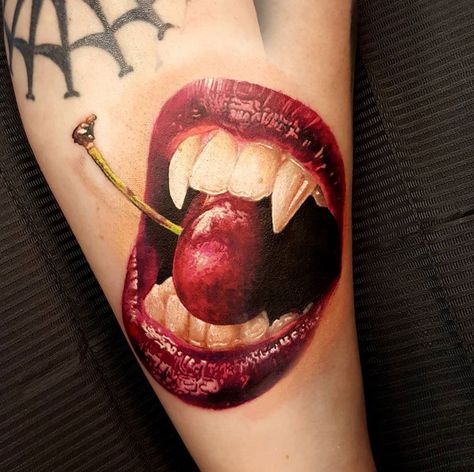 Vampire Mouth & Cherry Lips With Cherry Tattoo, Bvb Tattoo, Skull Tattoos For Women, Kiss Lip Tattoos, Vampire Tattoo Designs, Bite Tattoo, Armour Tattoo, Vampire Mouth, Sick Tattoos