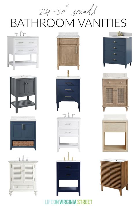 Small Bathroom Vanities - these stylish 24-30" bathroom vanities are perfect for a powdern bathroom or other small bathroom in your home! Wayfair Vanity Bathroom, 27” Bathroom Vanity, Three Drawer Bathroom Vanity, Bathroom Vanity For Small Space, Half Bathroom Small Vanity, 20 Inch Vanity Small Bathrooms, 25” Bathroom Vanity, Best Vanity For Small Bathroom, Half Bath Vanity Ideas Small Spaces