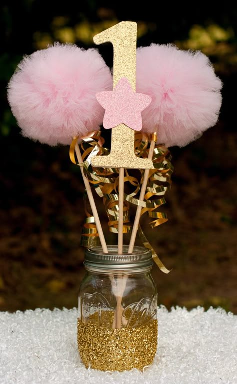 Twinkle Twinkle Little Star Party Pink and Gold by GracesGardens Twinkle Twinkle Little Star Party, Twinkle Twinkle Little Star Birthday, Twinkle Little Star Birthday, Gold Centerpiece, Gold First Birthday, Star Birthday, 1st Bday Ideas, Gold Birthday Party