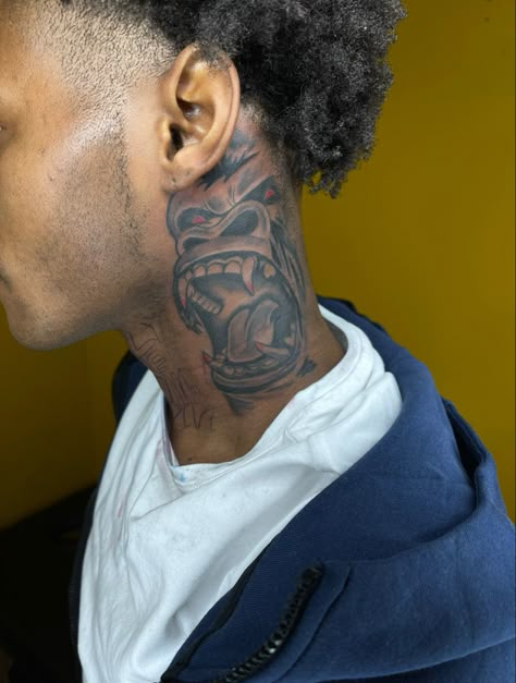 Back Tattoo For Black Man, Creative Neck Tattoos For Men, Face Tattoo Men Black, Urban Neck Tattoos, Men Behind The Ear Tattoo Ideas, Gorilla Neck Tattoo, Bald Head Tattoos For Men, Hood Tattoo For Men Neck, Tattoo Ideas Neck Men