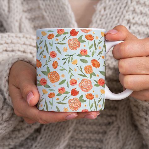 Burnt Orange Floral Pattern - Mug – Lauren Ullrich Art Spring Mugs, Pumpkin Pottery, Ceramic Cafe, Diy Pottery Painting, Perfect Cup Of Coffee, Spring Watercolor, Diy Mugs, Pottery Painting Designs, Watercolor Floral Pattern