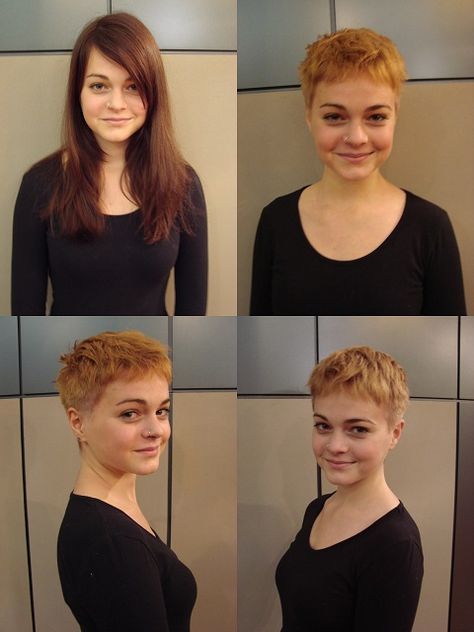 Before or After? Long Hair To Pixie, Haircuts For Growing Out Buzzcut, Buzz Dyed Hair, Grown Out Buzzcut Styling, How To Grow Out A Buzzcut Women, Grow Out Buzz Cut Women, Buzzcut Women Grow Out, Very Short Pixie Haircut, Before And After Buzzcut Women