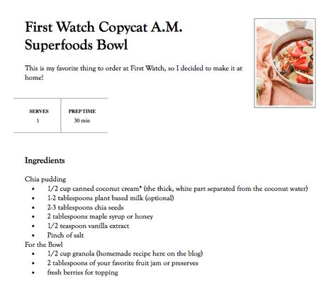 First Watch Copycat Superfoods Bowl Superfood Bowl Recipes, Hawaiian Party Food, Chia Pudding Recipes Healthy, Superfood Bowl, Food Captions, First Watch, Chia Pudding Recipes, Quick Breakfast Recipes, Berries Recipes