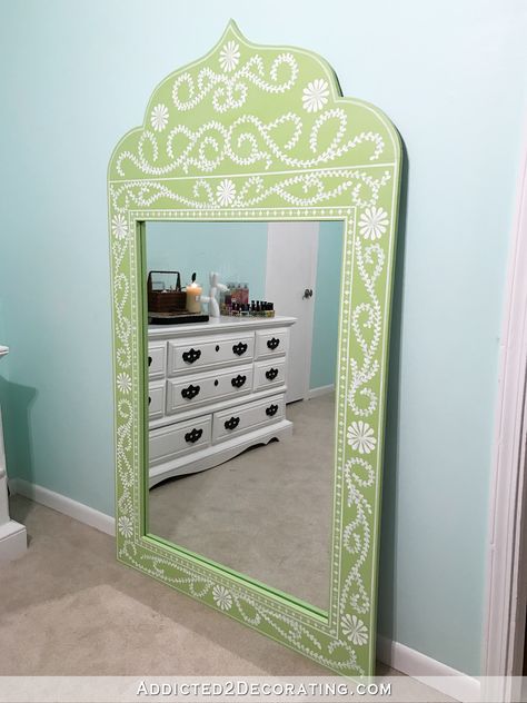 DIY Hand Painted Framed Full-Length Mirror Fabric Mirror Frame, Hand Painted Mirror Frame, Painted Mirror Frame, French Country Dining Room Table, Country Dining Room Table, Dining Room Table Decor Ideas, Studio Remodel, Hand Painted Mirror, Bedroom Layout Ideas