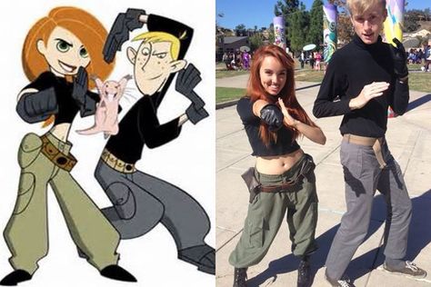 My daughter as Kim Possible in 2013. We both put all this costume together with thrift store finds. Her friend as Ron Stoppable also put his costume with thrift store finds. Things That Go Together Halloween Costumes, Kim And Ron Halloween Costume, Ron Kim Possible Costume, Original Couple Costume Ideas, Ron And Kim Possible Costume, 4 People Halloween Costumes Couples, 90s Cartoon Couples Costumes, Kim Possible Ron Stoppable Costume, Kim And Ron Costume