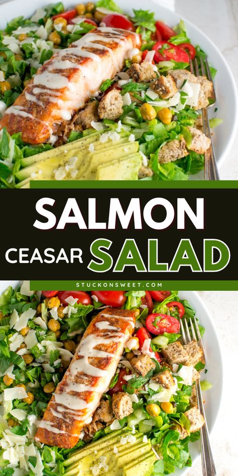 Whip up this simple Salmon Caesar Salad! Tossed in a caesar dressing with baked salmon, chickpeas, capers, and more, this summer salad recipe is healthy and delicious. Everyone will love this easy summer BBQ side dish! Salad Dressing For Salmon Salad, Easy Salmon Salad Recipes, Salmon Ceased Salad, Salmon Chickpeas, Salmon Caesar Salad, Salad With Salmon, Bbq Side Dish, Salmon Salad Recipes, Salad Recipes Healthy Easy