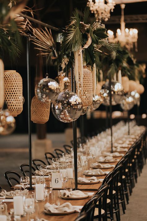 Wedding Decor with Disco Balls Pampas And Disco Ball Wedding, Moody Disco Ball Wedding, Vintage Disco Ball Aesthetic Wedding, Disco Ball Reception Decor, Decor With Disco Balls, Disco Ball Table Decor, Jungle Disco Wedding, Disco Theme Wedding, Boho Disco Wedding