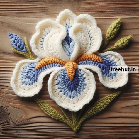 Crochet Iris Flower Applique Ideas Iris Flower Crochet, Crochet Flowers Applique, Crochet Flower Ideas, Embroidery On Crochet, 3d Flower Crochet, Crochet Iris, Crocheted Leaves, Crochet Applique Patterns Free, Irish Crochet Motifs