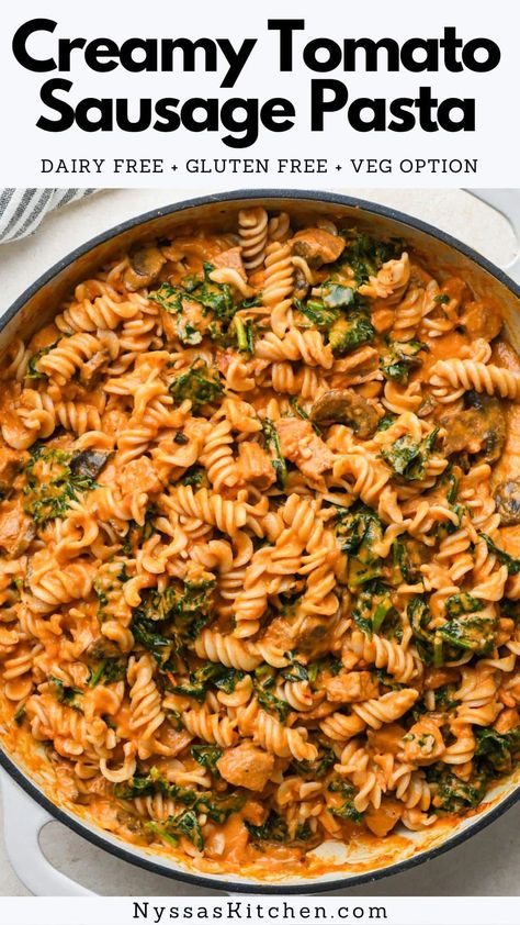 This tomato sausage pasta recipe is the perfect example of healthy comfort food in a bowl! Made with your favorite pre-cooked sausage, nutrient-packed kale, savory mushrooms, and a creamy tomato sauce for a delicious meal that still feels indulgent. Perfect for family dinner or date night! Dairy free, gluten free, vegan option. Gluten Free Date Night Dinner, Dairy Free Italian Sausage Recipes, Dinner Ideas Dairy Free, Dairy Free Sausage Pasta, Non Dairy Dinner Recipes, Italian Sausage Soup Dairy Free, Dairy Free Comfort Food, Creamy Italian Sausage Pasta Tomato Cream Sauces, Sausage Pasta Recipes Dairy Free