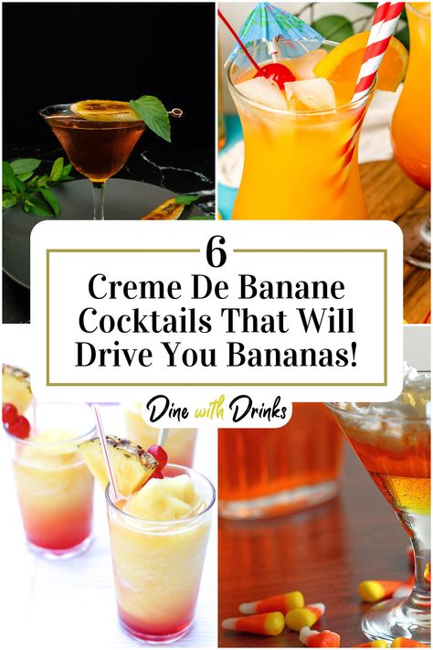 Collage of 4 creme de banane cocktails. Creme De Banana Drink Recipes, Creme De Banana Liqueur Recipes, Banana Cocktail Recipes, Banana Cocktails, Fruity Alcohol Drinks, Best Mixed Drinks, Alcohol Beverages, Banana Drinks, Liqueurs Recipes