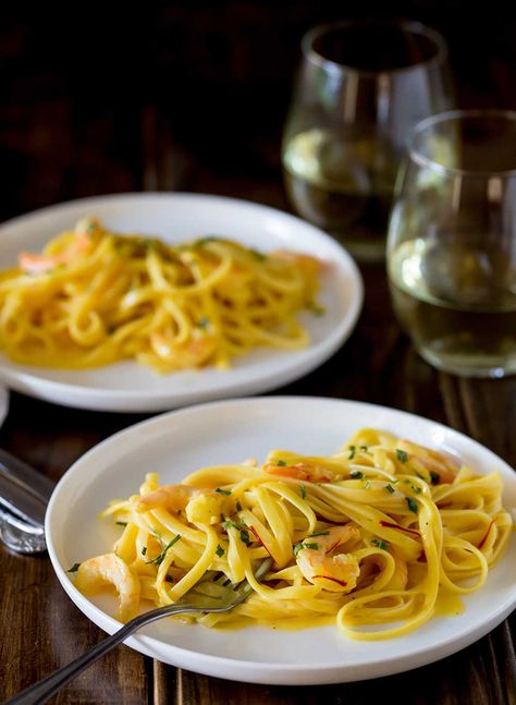 Creamy Saffron and Shrimp Pasta | Sprinkles and Sprouts Saffron Pasta Recipe, Prawn Linguine, Scallop Pasta, Saffron Recipes, I Want Food, Healthiest Seafood, Shrimp Recipes For Dinner, Clam Recipes, Shrimp Recipes Easy