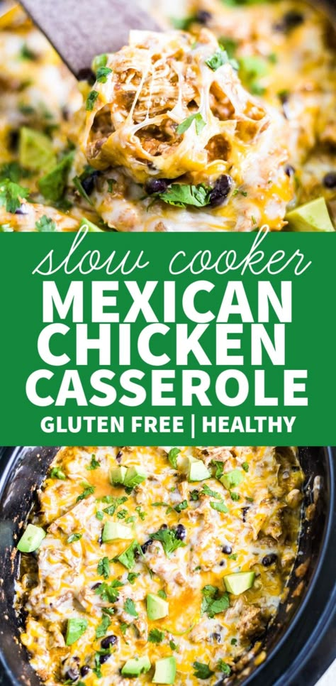 Add all the ingredients for this mexican chicken casserole into your slow cooker and come home to a healthy dinner! This easy enchilada bake is naturally gluten free and super healthy. It also freezes really well! #mexican #casserole #crockpot #slowcooker #dinner #glutenfree #quinoa #chicken Gluten Free Slow Cooker Recipes, Casserole Mexican, Slow Cooker Mexican Chicken, Gluten Free Crock Pot Recipes, Slow Cooker Mexican, Chicken Crockpot Recipes Healthy, Mexican Chicken Casserole, Casserole Chicken, Enchilada Bake