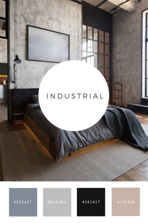 Concrete wall paper for master bedroom Industrial Chic Bed, Industrial Living Room Color Palette, Modern Industrial Color Palette, Full Size Loft Beds, Loft Color Palette, Minimal Industrial Interior, Industrial Colour Palette, Industrial Chic Bedroom, Industrial Color Scheme