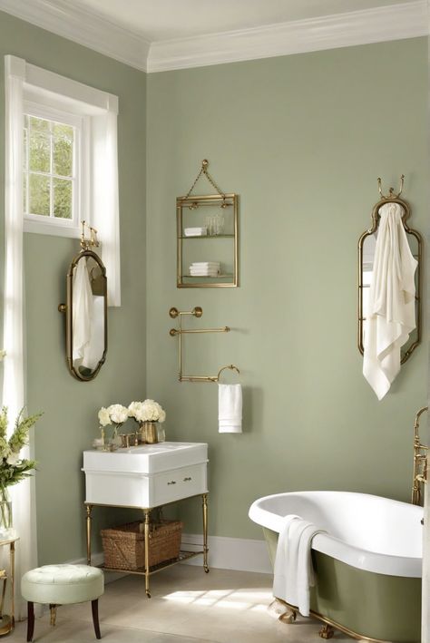 1. Benjamin Moore
2. Sage Green
3. Elegance
4. Color Secrets Sage Green Family Room Walls, Olive Walls Bathroom, Benjamin Moore Lily Pad, Light Mossy Green Paint Colors, Benjamin Moore Green Bathroom Colors, Benjamin Moore Georgian Green, Urban Nature Benjamin Moore, Light Green Benjamin Moore Paint, Pale Sage Green Bathroom