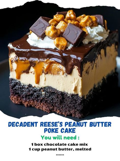 Easy and delicious home food recipes | Decadent Reese’s Peanut Butter Poke Cake: A chocolatey, peanut butter dream | Facebook Peanut Butter Poke Cake, Home Food Recipes, Box Chocolate, Recipes Yummy, Reeses Peanut Butter, Chocolate Cake Mixes, Poke Cake, Tasty Recipes, Chocolate Box