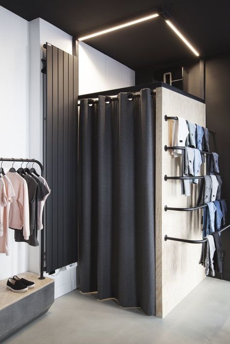 Shop Fittings Ideas Retail Clothing, Mens Clothing Shop Interior, Aesthetic Clothing Store Interior, Boutique Set Up, Small Shop Interior Design, Diy Retail Display, Fitting Room Design, Dapper Aesthetic, Tailoring Shop Interior Design