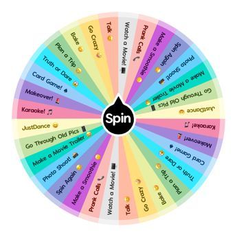 Spin the wheel to randomly choose from these options: Karaoke! 🎵, Makeover! 💄, Card Game! ♠️, Truth or Dare 😱, Plan a Trip 😁, Bake 😋, Go Crazy 🤪, Talk 😊, Watch a Movie! 🖥, Prank Calls 📞, Make a Smoothie 🙂, Spin Again 😏, Photo Shoot! 📸, Make a Movie Trailer 😂, Go Through Old Pics 📱, JustDance 😆! Spin The Wheel Game Ideas, Dares For Teens, Fun Games For Teenagers, Crazy Pranks, Sprinkle Games, Fun Sleepover Games, Make A Movie, Spin The Wheel, Old Pics