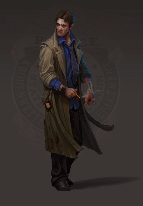 Police Detective Character Design, Call Of Cthulhu Investigator, Medieval Detective, Detective Drawing, Space Detective, Noir Character, Detective Oc, Detective Character, Fantasy Cyberpunk