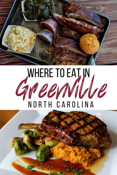 Greenville, North Carolina is more than just a college town! Check out some incredible restaurants in Greenville including historic barbecue restaurants, farm to table restaurants, and delicious gourmet restaurants in Greenville, NC! #travel | Where to eat in Greenville, NC | Greenville, NC restaurants | Restaurants in Greenville, NC | #NC #NorthCarolina Nc Bbq, Nc Travel, Greenville North Carolina, Usa Destinations, North Carolina Travel, Greenville Nc, Usa Food, Barbecue Restaurant, Dinner Restaurants