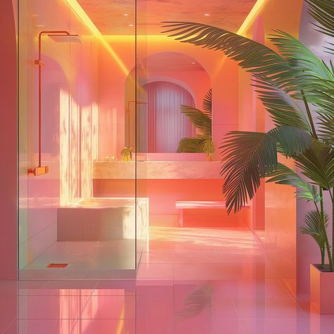 Transform your bathroom with Retrowave style! Featuring smooth textures, a glass shower, and lush greenery in a faded pastel palette, this Art Deco-inspired design offers a spa-like vibe perfect for afternoon relaxation. #Retrowave #BathroomDesign #ArtDeco #southbeachmiami #miamivibes #luxuryspa #miamiarchitecture #summerbreeze #californiagirls #architecturephotos #retroarchitecture Miami Architecture, South Beach Miami, Pastel Palette, Retro Waves, Bathroom Inspo, Luxury Spa, Lush Greenery, Summer Breeze, Glass Shower