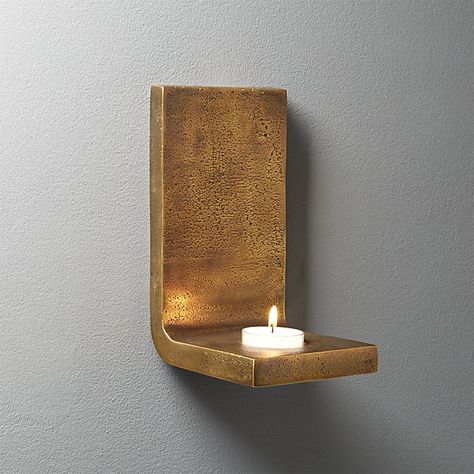 Lira Rough Cast Brass Wall-Mounted Tea Light Candle Holder | CB2 Wall Candle Holders Diy, Wall Mounted Candle Holders, Glass Pillar Candle Holders, Minimalist Candles, Unique Candle Holders, Modern Candle Holders, Modern Candles, Diy Candle Holders, Tea Light Candle Holder