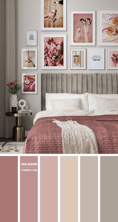 Cinnamon Rose and Metal Colour Scheme For Bedroom. Rosey pink bedroom, metal bedroom, grey and rosey pink bedroom decor, feminine bedroom Beige Gray And Pink Bedroom, Greige And Pink Bedroom, Colour Palette Room Bedrooms, Dark Rose Bedroom Ideas, Blush Rose Bedroom, Calm Pink Bedroom Ideas, Woodrose Bedroom, Grey Peach Bedroom, Pink Bedroom Colour Schemes