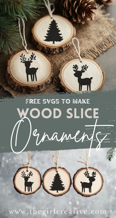 reindeer and christmas tree svg designs for diy wood slice christmas ornaments Wood Christmas Ornaments Cricut, Christmas Decor Cricut Projects, Cricut Wood Ornaments Diy, Diy Wood Ornaments Tree Slices, Cricut Ornaments Diy, Wooden Ornaments Diy Wood Slices, Diy Wood Christmas Decorations, Wood Christmas Ornaments Diy, Diy Wood Christmas Ornaments