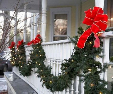 #DIY #Outdoor #Christmas #decorations Classic garland and red bow Easy Outdoor Christmas Decorations, Outdoor Christmas Diy, Diy Christmas Lights, Beautiful Christmas Decorations, Christmas Porch Decor, Outdoor Christmas Lights, Front Porch Christmas Decor, Pretty Christmas, Christmas Porch