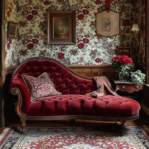 Victorian Sofa Style: An opulent Victorian sitting room with a plush red sofa, exquisite floral wallpaper, and ornate decor. #victorian #sofa #plush #red #floral #aiart #aiphoto #stockcake ⬇️ Download and 📝 Prompt 👉 https://ayr.app/l/6feJ Victorian Parlor Sitting Rooms, Victorian Couch Living Room, Victorian Couches, Victorian Sofas, Victorian Furniture Antique, Victorian Sitting Room, Victorian Lounge, Victorian Couch, Ornate Decor