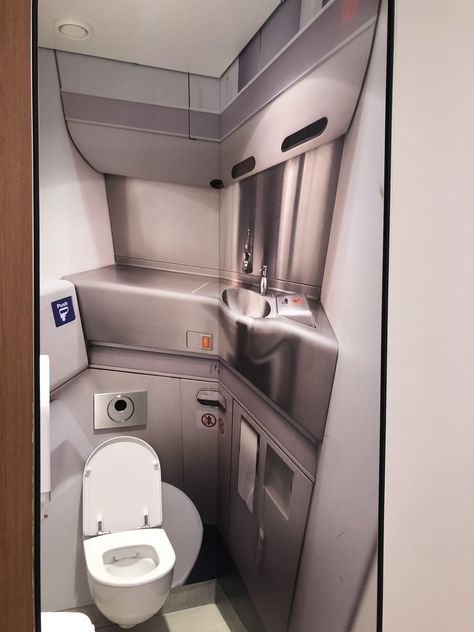 The inside of this airport bathroom stall is an enlarged photo of an airplane bathroom... The toilet paper is on the opposite wall (Eindhoven NL) Airplane Toilet, Airport Office, Airplane Bathroom, Airport Bathroom, Pictures Of Cameras, Tiny House Camper, Bathroom Stall, Aircraft Interiors, Stay Calm