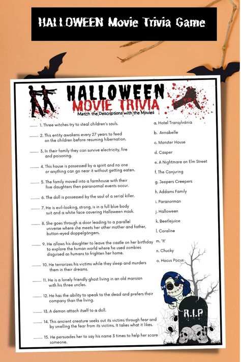 Fun, spooky Halloween games for kids and adults. If your kids seen all the scary Halloween movies, then this game is for them. Spooky movie trivia quiz and answer key included. Perfect Halloween party game for a Halloween movie night, gatherings, or any Halloween events. This game will definitely keep your kids and guests entertained. Warning ⚠️ may be a little too spooky for little ones. 😱 This Halloween movie trivia comes in 2 sizes. Print at home or any local print shop. Scary Movie Trivia, Halloween Movie Trivia, Spooky Halloween Games, Horror Movie Trivia, Scary Halloween Movies, Trivia Games For Adults, Printable Halloween Games, Movie Trivia Quiz, Movie Trivia Games