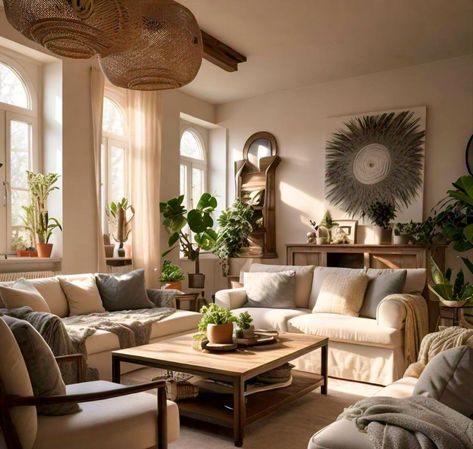 A living room with neutral furniture, soft throw blankets, and plants, bathed in warm natural li Comfy Seating, Neutral Decor, Cozy Living Rooms, Cozy Living, Green Plants, House Interior, Dream House, Living Room, Plants