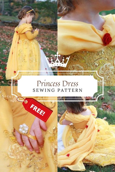 Princess Dress FREE sewing pattern (size 3). Here's your chance to make a Princess Dress for your little one with this Princess Dress FREE sewing pattern (size 3). The Princess Dress in size 3 fits a chest of 21″, a waist of 20.5″, and a height of 38″. The designer, Sew A Little Seam, has also very generously included a free pattern for the gloves. The designer made the dress for her daughter for Halloween. Her daughter wanted to be Princess Belle. #SewModernKids Belle Costume Pattern, Disney Princess Dress Patterns, Princess Dress Sewing Pattern Free, Disney Sewing Patterns, Dress Up Sewing Patterns, Princess Dress Sewing Patterns, Belle Dress Kids, Princess Dress Diy, Princess Dress Pattern