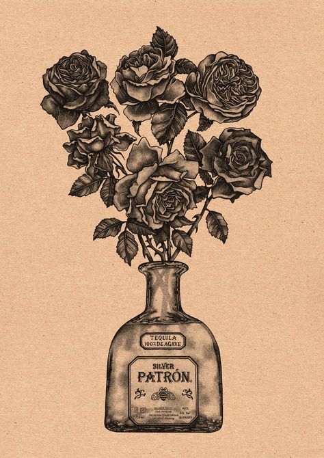 Tequila Rose, Japanese Flower Tattoo, Simple Tattoos For Guys, M Tattoos, Tattoo Filler, Bottle Tattoo, Western Tattoos, Illustrated Art, Stomach Tattoos