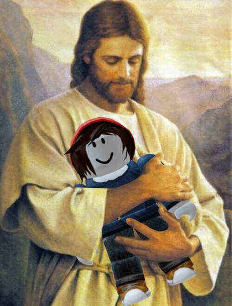 jesus holding skyler from roblox, a free roblox  character bundle Epic Face Roblox Avatar, Art Collab Template, Jesus Holding Me, Jesus Anime, Hug Meme, Roblox Bacon, Id Roblox, You Need Jesus, Adidas Logo Wallpapers