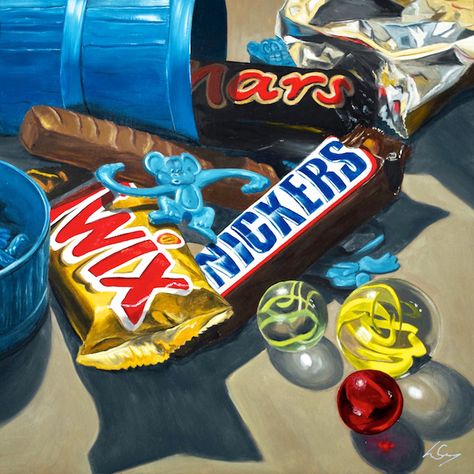 Monkey Bars by Lorn Curry Candy Still Life Photography, Messy Still Life, Candy Painting, Chocolate Illustration, Paint Monkey, Food Paintings, Animated Pics, Oil Painting On Wood, Art Oil Paintings