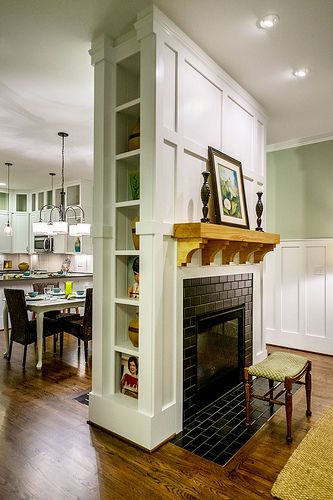 Built-Ins Between Two-Sided Fireplace Kitchen Design With Fireplace, Fireplace In The Middle Of The Room, Stone Bookshelf, Fireplace In Middle Of Room, Built In Bookshelves, Simple Fireplace, Two Sided Fireplace, Dream Farmhouse, Double Sided Fireplace