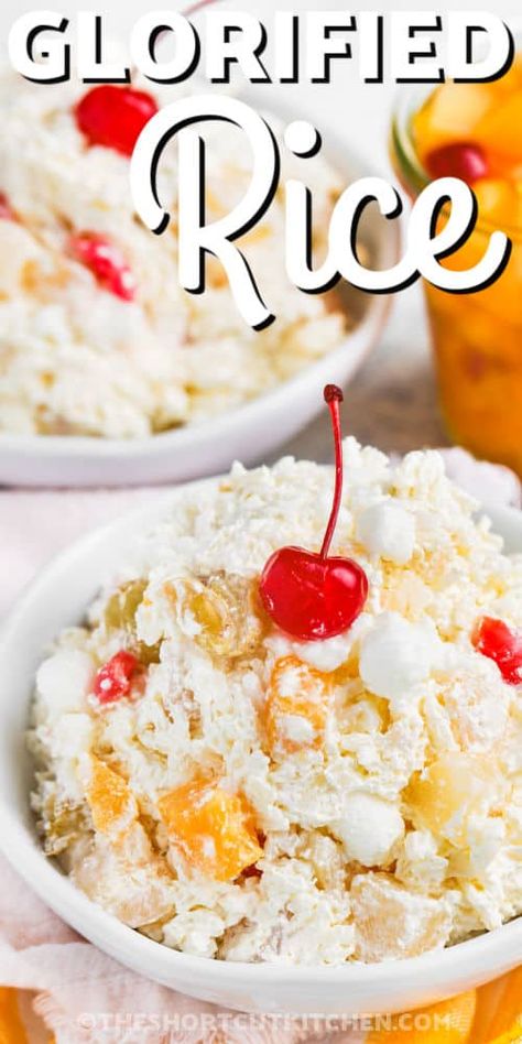 bowls of Glorified Rice with a title Heavenly Rice Recipe Desserts, Heavenly Rice, Sweet White Rice Recipes, Glorified Rice Recipes Cool Whip, Glorified Rice Old Fashioned, Heavenly Rice Recipe, Glorified Rice Recipes, Glorified Rice, Sweet Rice