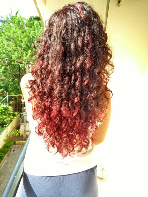 Curly Hair With Red Tips, Curly Hair Dip Dye, Dip Dye Hair Brown, Red Dip Dye Hair, Dyed Ends Of Hair, Red Hair Tips, Dipped Hair, Ombre Curly Hair, Dyed Curly Hair