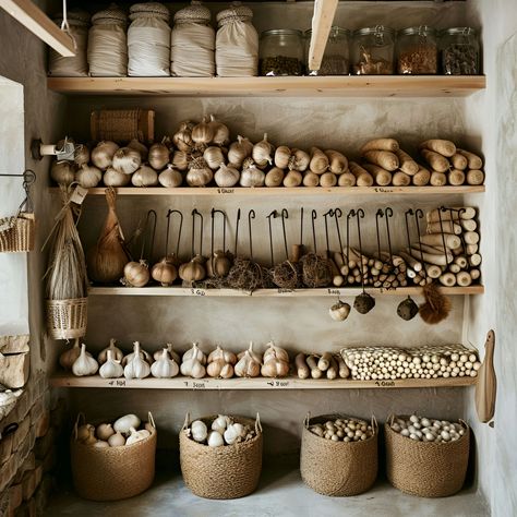 Root Cellar - Size, Functionality, Uses, Furniture And Renovatio Canning Shelves, Root Cellar Storage, Pantry Door Ideas, Onion Storage, Harvesting Tools, Pantry Room, Root Cellar, Kitchen Transformation, Beige Tones