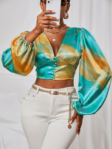 Free Returns ✓ Free Shipping On Orders $49+ ✓. Satin Tie Dye Bishop Sleeve Crop Blouse- Women Blouses at SHEIN. Crop Top Women Outfits, Free Tops For Women, Women Blouse Design, Satin Outfit Ideas, Crop Blouse Outfit, Satin Tops For Women, Fancy Top Design, Crop Tops Outfits, Classy Tops