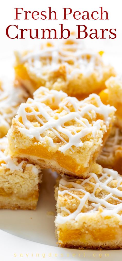 Fresh Peach Crumb Bars ~ there's nothing like juicy, sweet peaches baked in a simple crust! Adapt to any of your favorite summer fruits. #savingroomfordessert #peachbars #freshpeachbars #peachcrumbbars #bars #peachdessert #freshpeachcrumbbars #easypeachbars Fresh Fruit Baked Goods, Peach Crumb Bars, Peaches Baked, Fresh Peach Recipes, Peach Dessert Recipes, Crumb Bars, Peach Recipes, Recipes To Cook, Peach Desserts