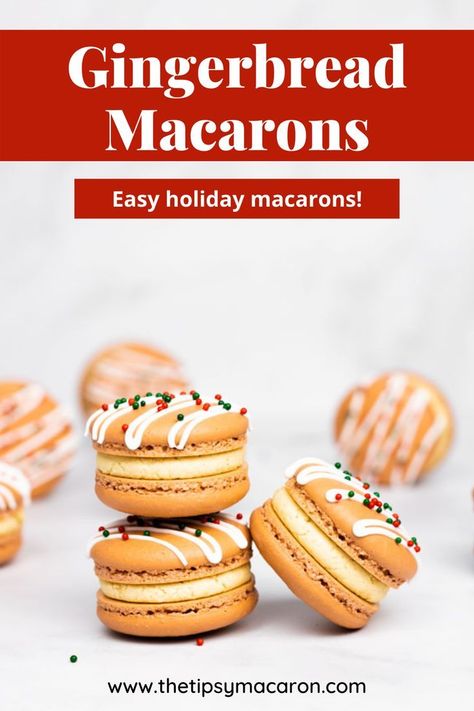 55 minutes · Vegetarian · Serves 18 These Gingerbread Macarons are the perfect holiday macarons for your next party! Impress all your guests with how delicious and pretty they are! Best Macaroon Recipe, Holiday Macarons, French Macarons Recipe, Christmas Macarons, Macaron Filling, French Cookies, Winter Baking, Macaron Flavors, Macaron Cookies