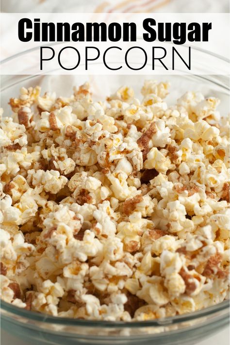 Looking for a delicious and easy snack? This cinnamon sugar popcorn recipe is a must try! Fluffy popcorn topped with a sweet cinnamon and sugar topping. This snack recipe is so good! Popcorn Topping Recipes, Churro Popcorn Recipe, Cinnamon Roll Popcorn, Sugar Cookie Popcorn, New Years Popcorn, Sweet Popcorn Recipes Sugar, Cinnamon Popcorn Recipes, Sweet Popcorn Recipes Easy, Sugar Popcorn Recipe